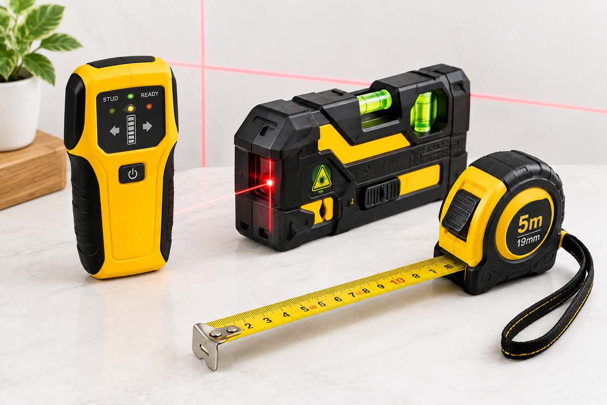 Laser level, measuring tape, and wall stud finder for accurate home projects