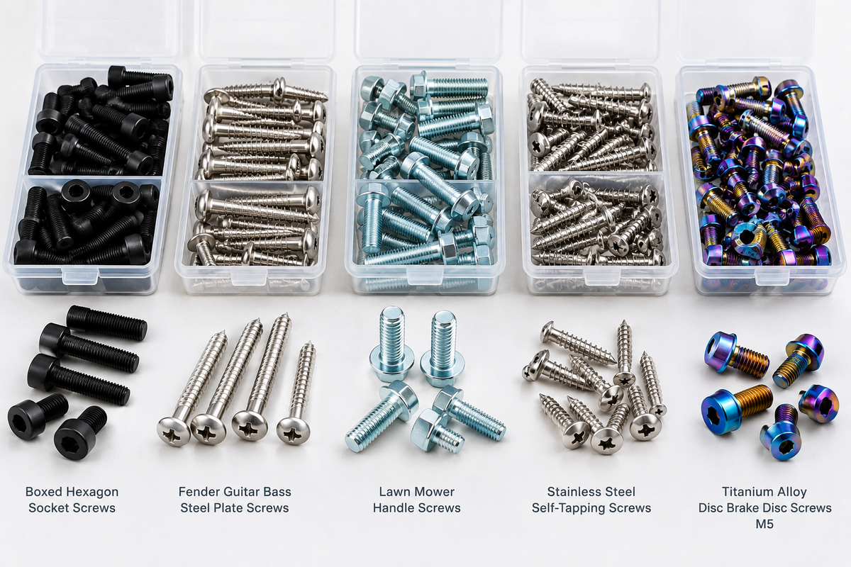 Assorted screws and hardware fasteners arranged for repair and DIY projects