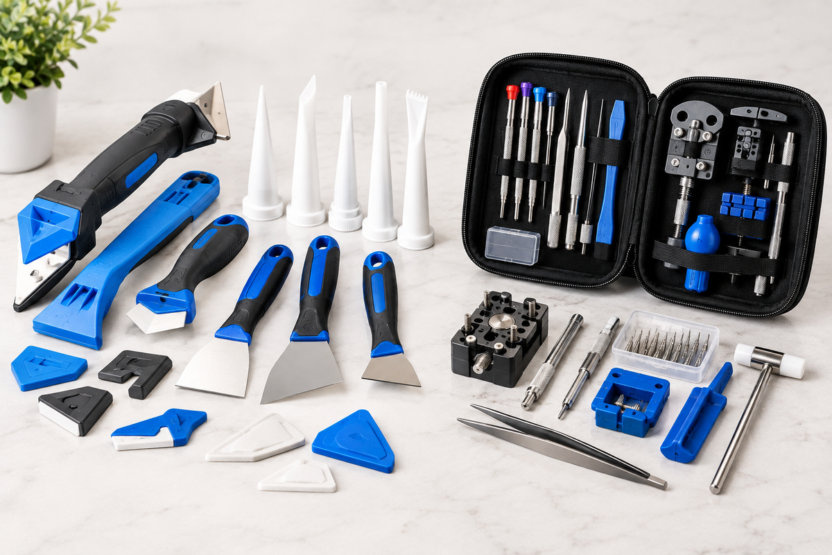 Caulking tools, silicone removal kit, and watch repair tools for maintenance projects