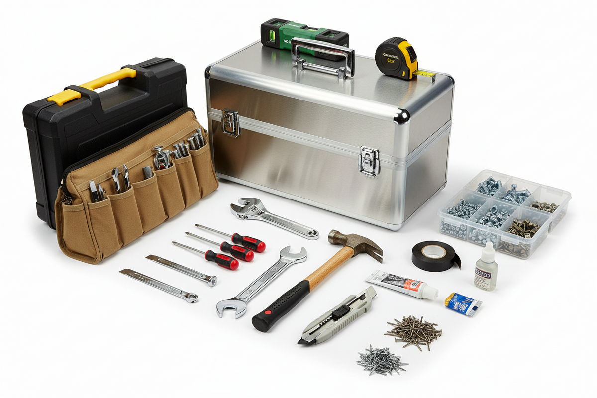 All products collection featuring toolboxes, hand tools, measuring tools, screws, repair kits, and hardware