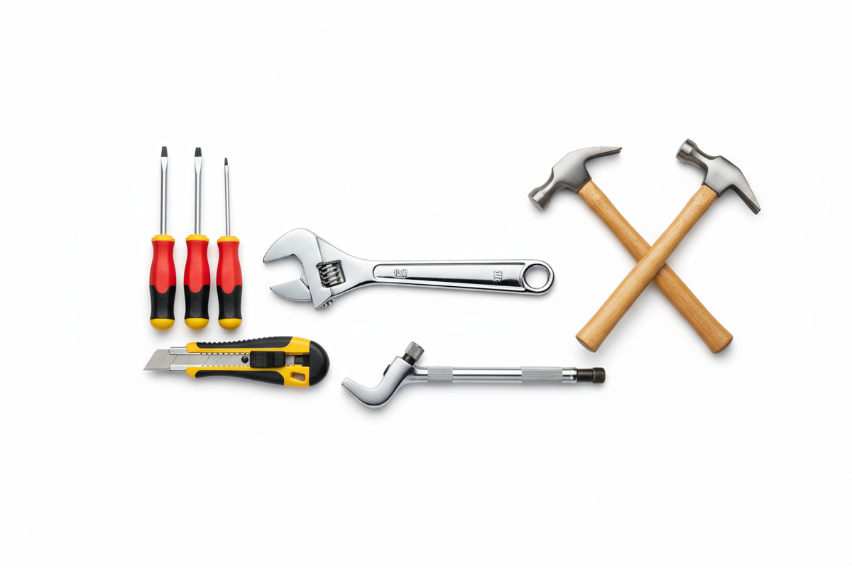 Hand tools including wrenches, screwdrivers, hammers, and utility knives