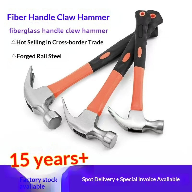 Three claw hammers with orange and black fiber glass handles and silver steel heads, displayed on a white background with promotional text overlays.