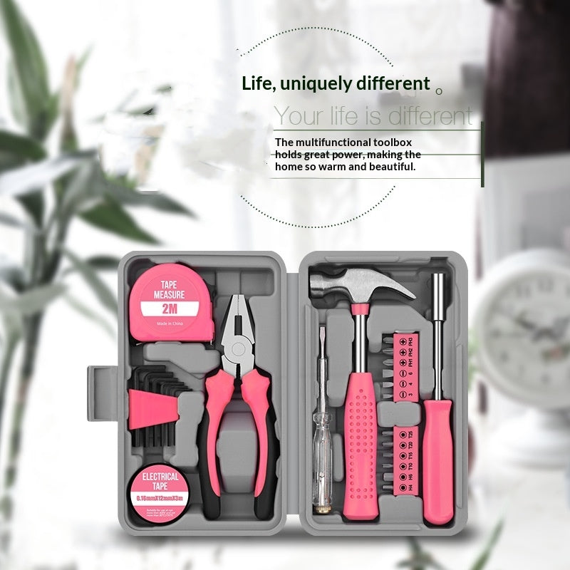 A multicolor electric screwdriver and multi-tool set in a gray plastic case, displayed against a blurred background with decorative text overlays.