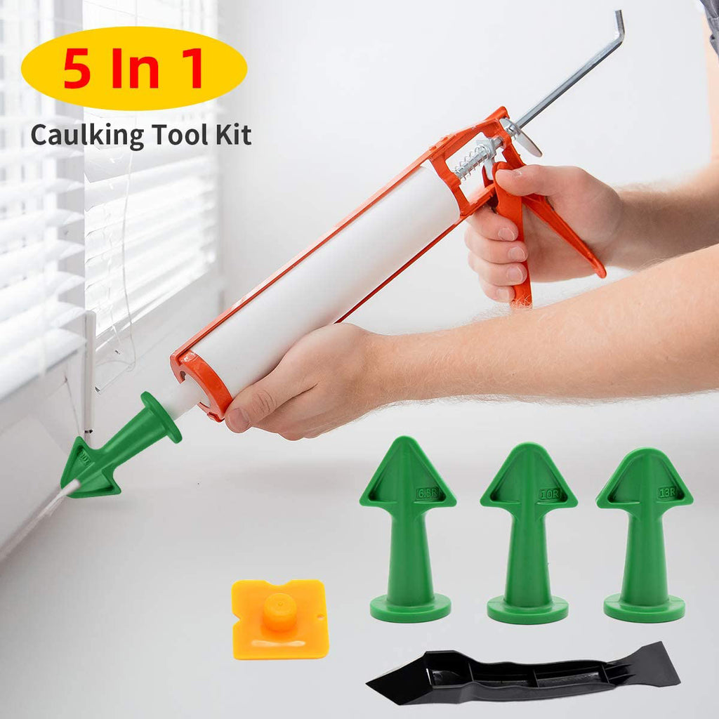 Caulking tool kit with 5 tools including a caulking gun and green nozzles.