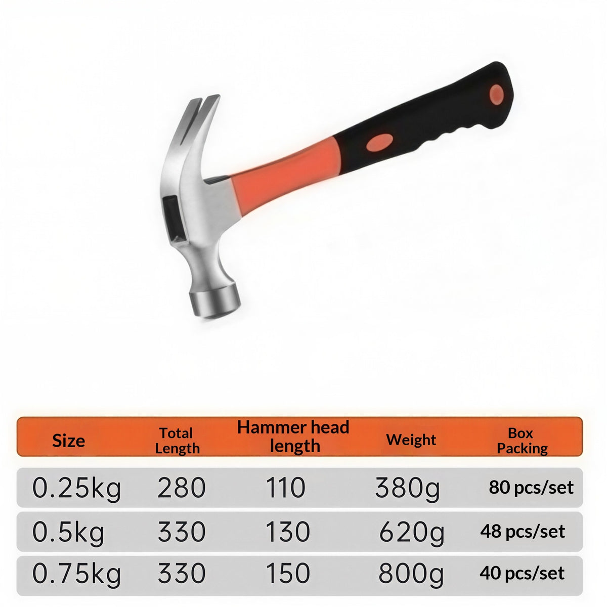 A claw hammer with a silver metal head and a black and orange handle, shown above a size and weight specification table on a white background.
