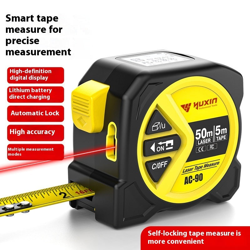Yuxin laser tape measure with features listed on a white background
