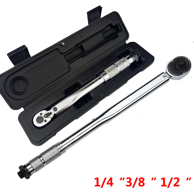 A chrome torque wrench shown alongside its black plastic carrying case on a white background, with red text at the bottom indicating drive sizes: 1/4, 3/8, 1/2.
