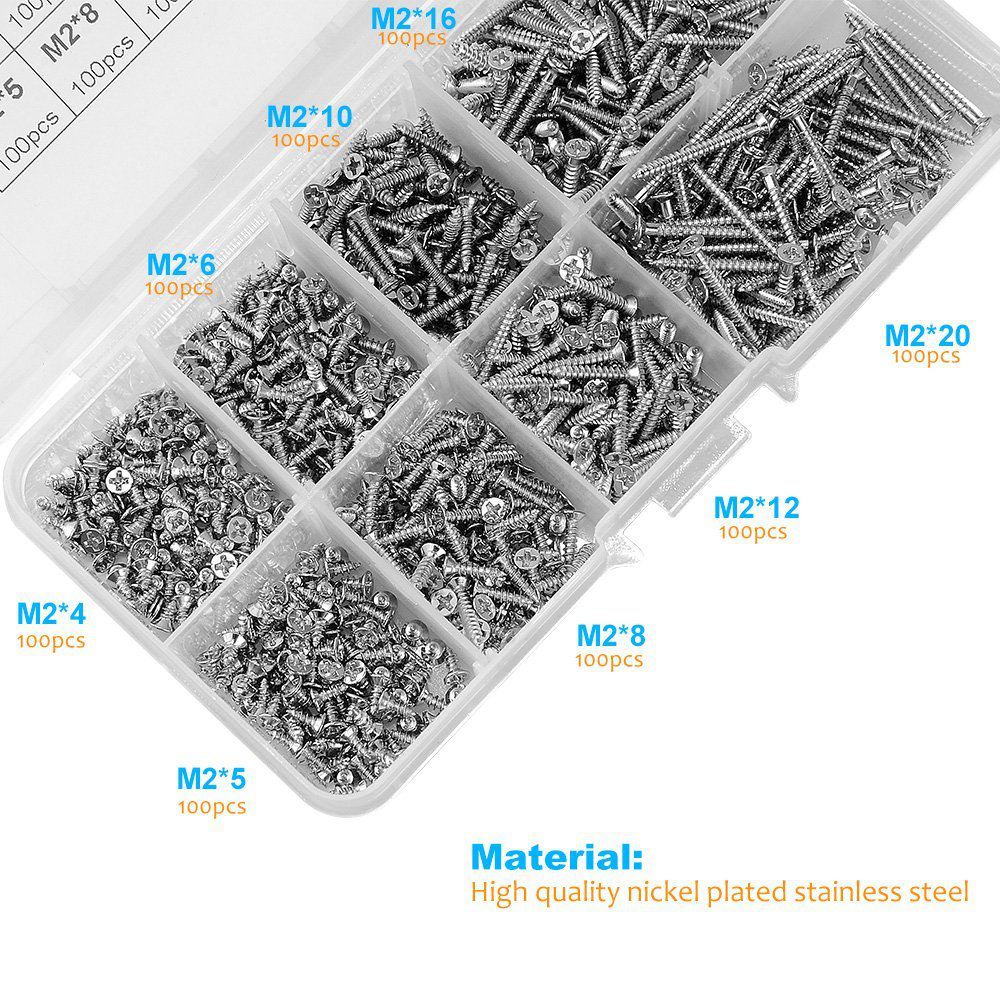 Assorted screws in a clear organizer with labeled sizes on a white background.