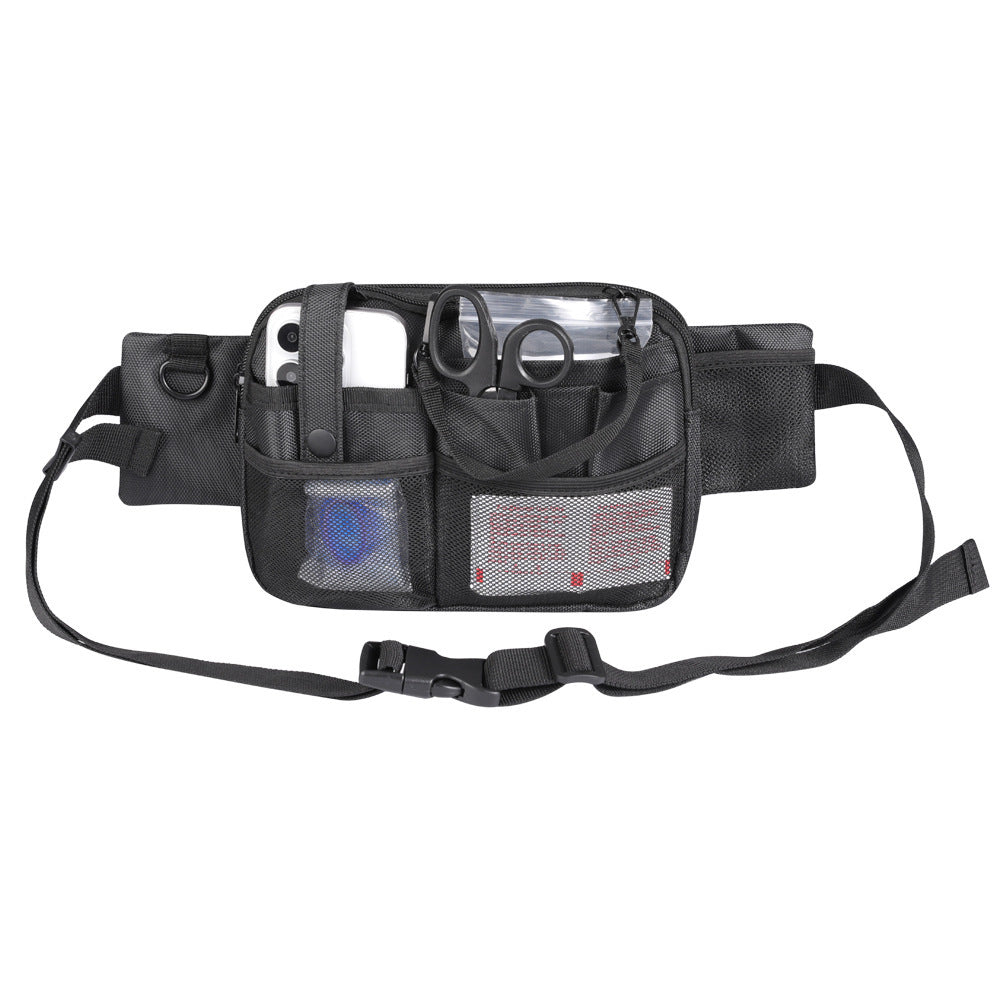 Black waist bag with compartments on a white background