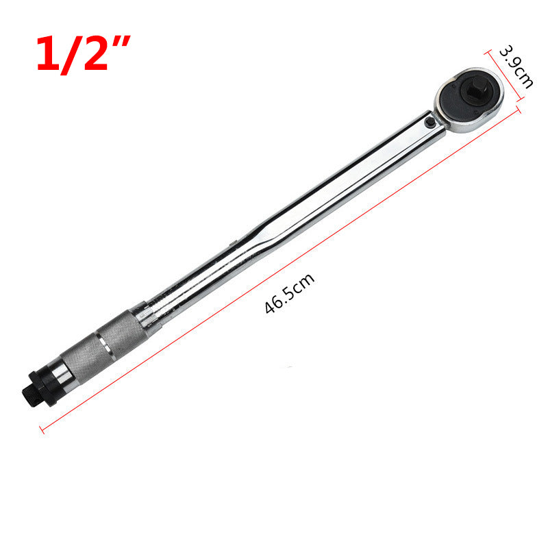 A 1/2-inch torque wrench shown diagonally on a white background with red dimension lines indicating a total length of 46.5cm and head diameter of 3.