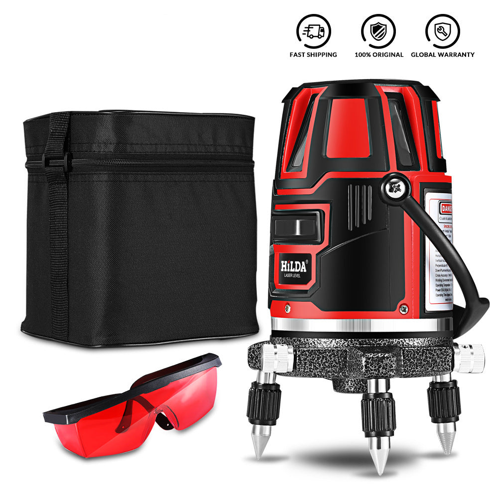 Red and black laser level with protective glasses and carrying case on a white background
