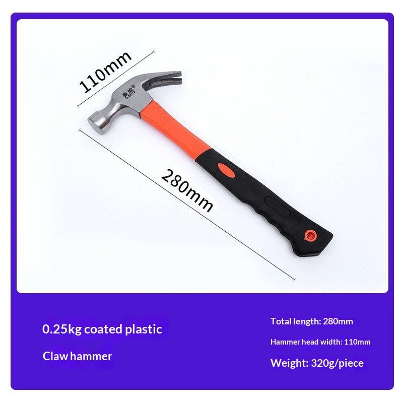 A claw hammer with a silver metal claw head, orange and black handle, shown on a white background with purple border and text overlays indicating dimensions and specifications.