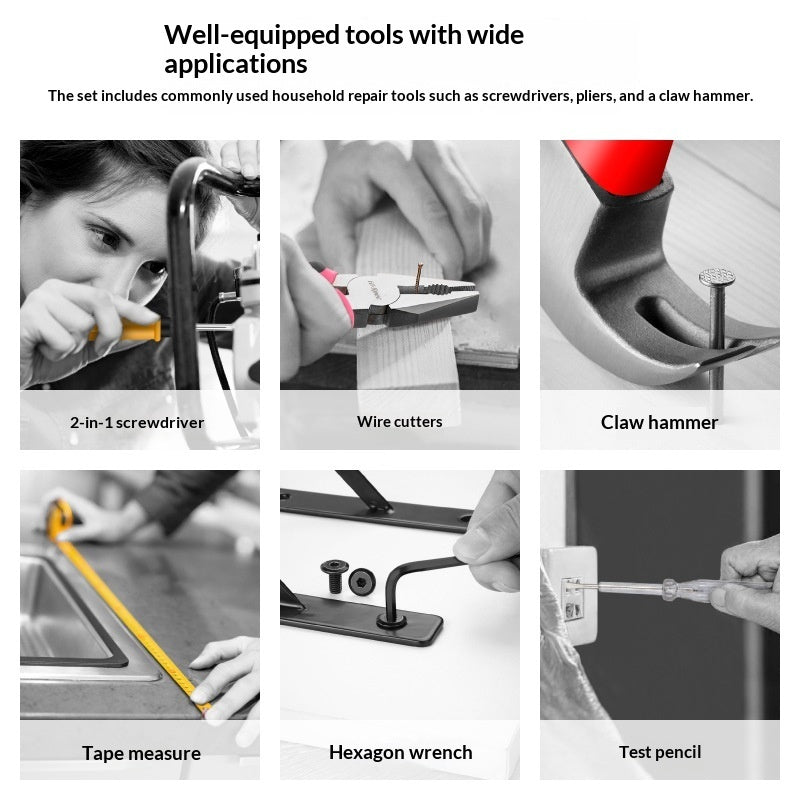 A promotional collage showing a set of household repair tools in use: a 2-in-1 screwdriver, wire cutters, a claw hammer, a tape measure, a hexagon wrench, and a test pencil. The top text reads 'Well-equipped tools with wide applications' and lists included tools.