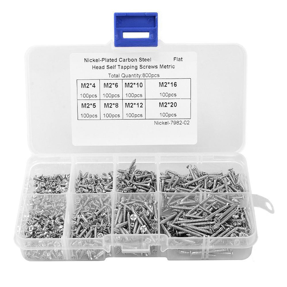 Assorted screws in a clear container with labels on a white background