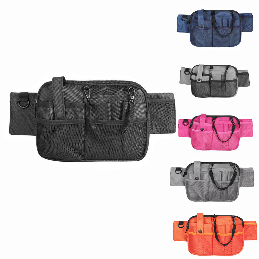 Collection of waist bags in various colors on a white background