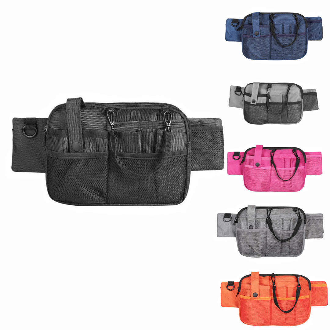 Collection of waist bags in various colors on a white background