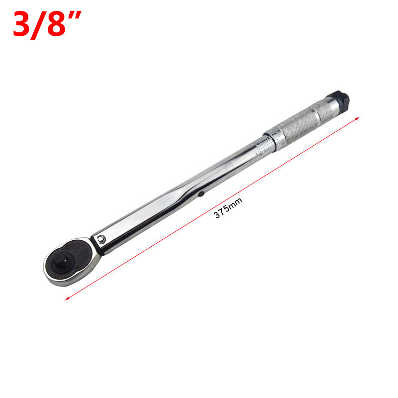 A 3/8-inch torque wrench with a silver metallic body and black head, shown on a white background with red dimension lines indicating a length of 375mm and a size label of 3/8 inches.