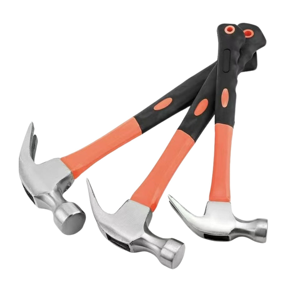 Three clawhammers with silver steel heads and orange-and-black handles, arranged diagonally on a plain white background.