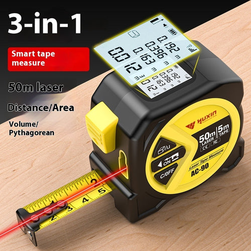 3-in-1 smart tape measure with laser distance measurement on a wooden surface