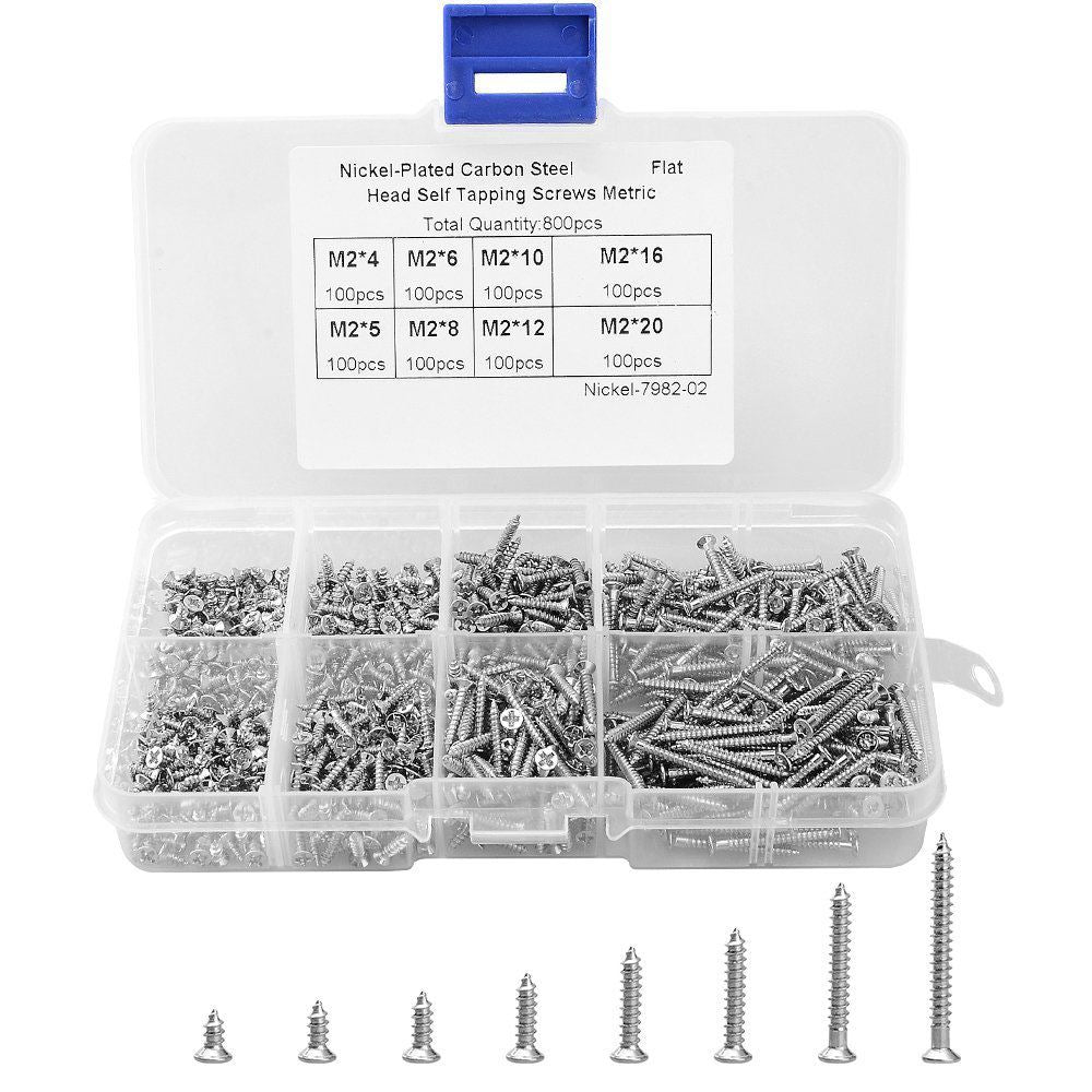 Assorted screws in a clear plastic container with labeled sizes on a white background