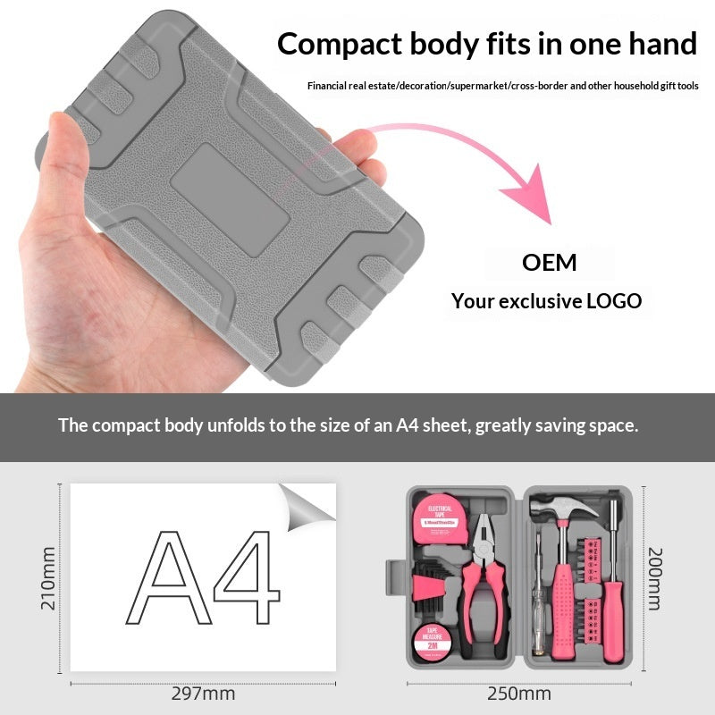 Compact tool box held in a hand with dimensions and product details shown below.