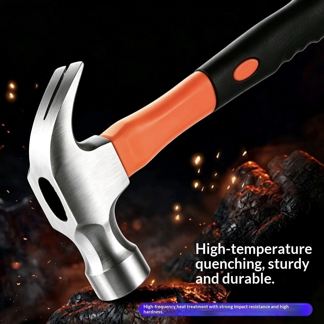 A claw hammer with a polished silver metal head and a black and orange handle, shown against a dark background with embers and coals. Text on the image highlights high-temperature quenching and durability.