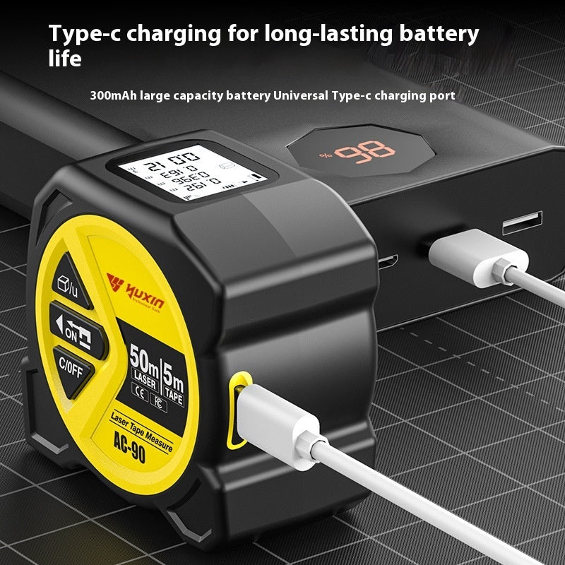 Huxin laser tape measure with digital display and charging cable on a grid background