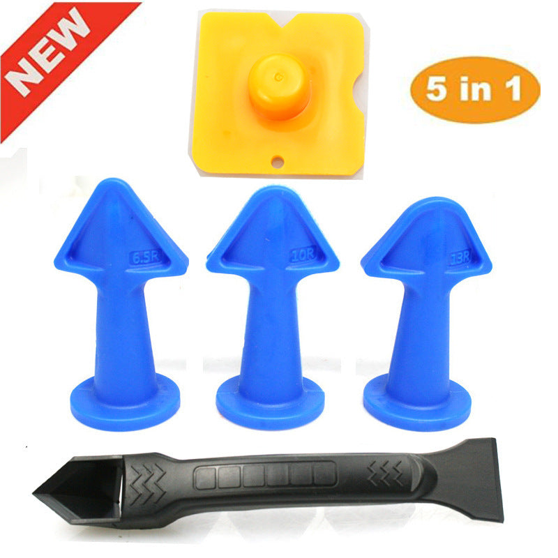 Set of 5 tools including blue plastic tools and a black tool on a white background with promotional text.