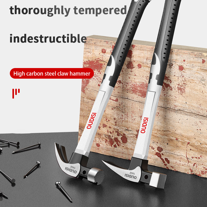 Two Island high carbon steel claw hammers with black and silver handles, displayed on a dark surface with scattered nails and a wood panel backdrop. Text overlays highlight the product's toughness and material.