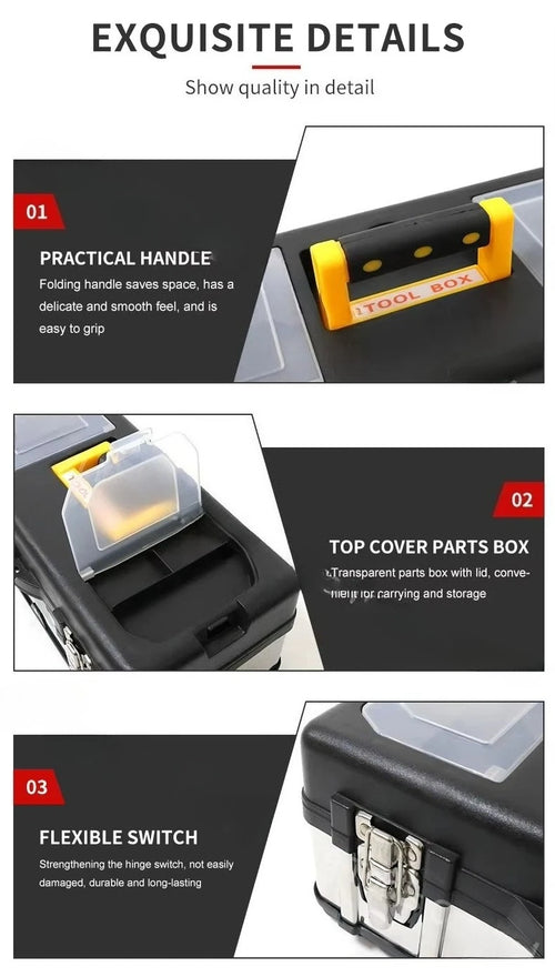 19 Inches Household Portable Heavy Duty Reinforced Stainless Steel Toolbox