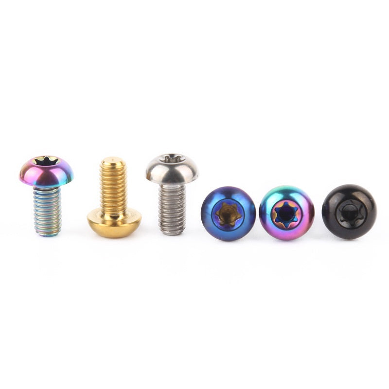 Six metallic fasteners and screws arranged in a row on a plain white background, including iridescent rainbow-coated screws, a gold screw, a silver screw, and two black countersunk screws.